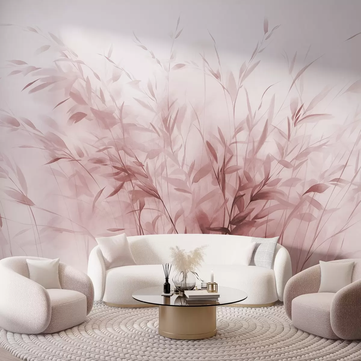 Murales de pared Hierba y maleza con hojas y tallos finos, colores rosa claro, pinceladas suaves y delicadas, estampado minimalista w09342v2 murales de pared Hierba y maleza con hojas y tallos finos, colores rosa claro, pinceladas suaves y delicadas, estampado minimalista w09342v2