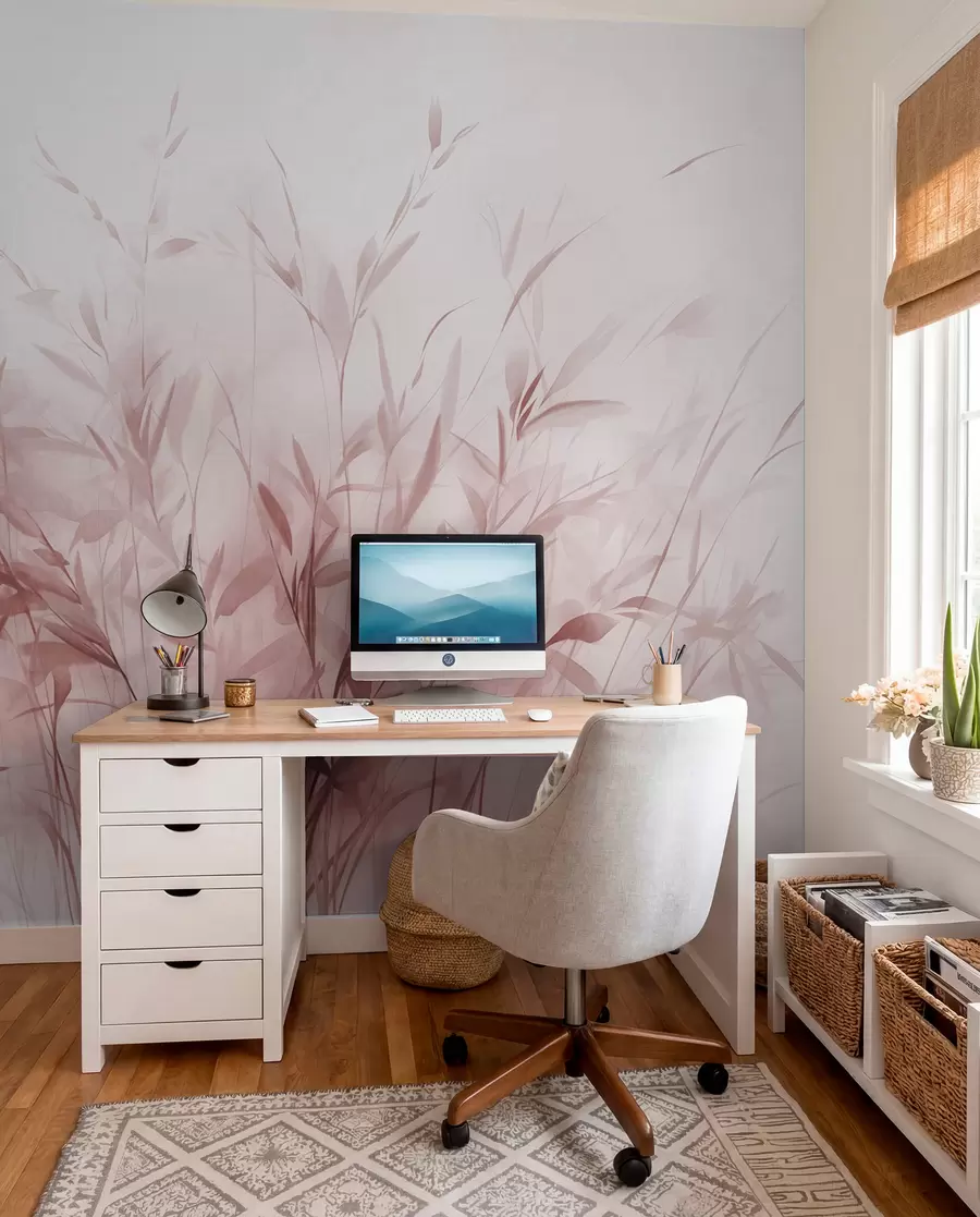 murales de pared Hierba y maleza con hojas y tallos finos, colores rosa claro, pinceladas suaves y delicadas, estampado minimalista w09342v2