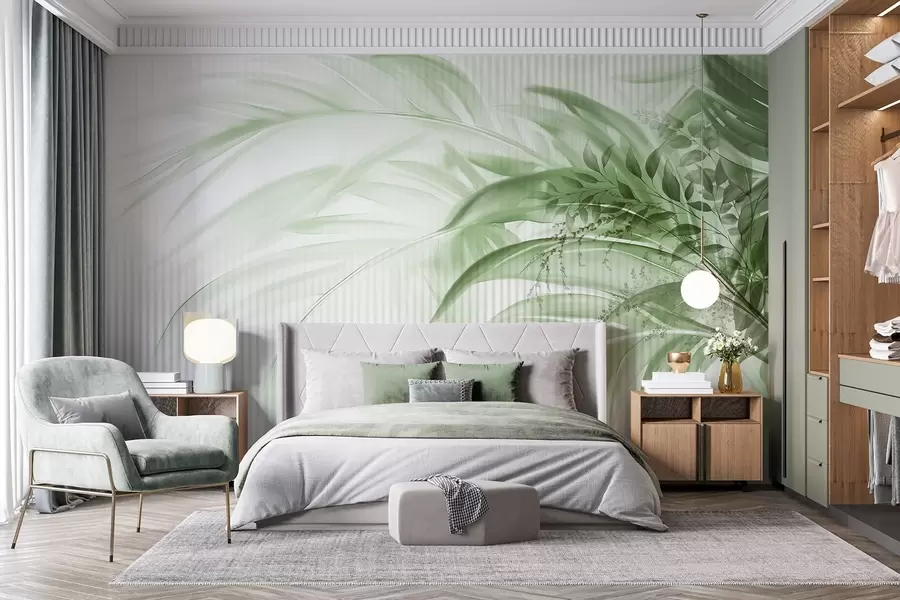 murales de pared Palmera tropical de hojas verdes con fondo blanco a rayas, iluminación suave, pinceladas delicadas, formas orgánicas w09343