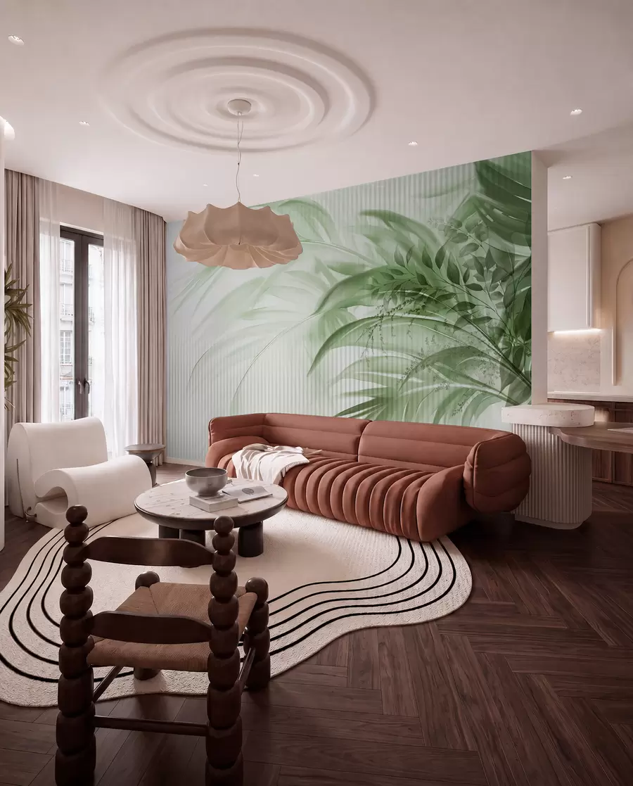 murales de pared Palmera tropical de hojas verdes con fondo blanco a rayas, iluminación suave, pinceladas delicadas, formas orgánicas w09343