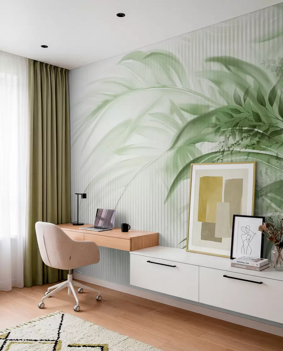 murales de pared Palmera tropical de hojas verdes con fondo blanco a rayas, iluminación suave, pinceladas delicadas, formas orgánicas w09343