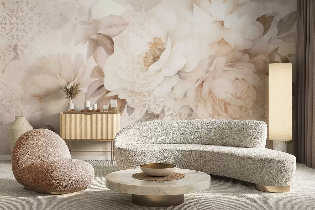murales de pared Un arreglo floral de peonías blancas con hojas beige, sobre un fondo decorativo con textura vintage w09345