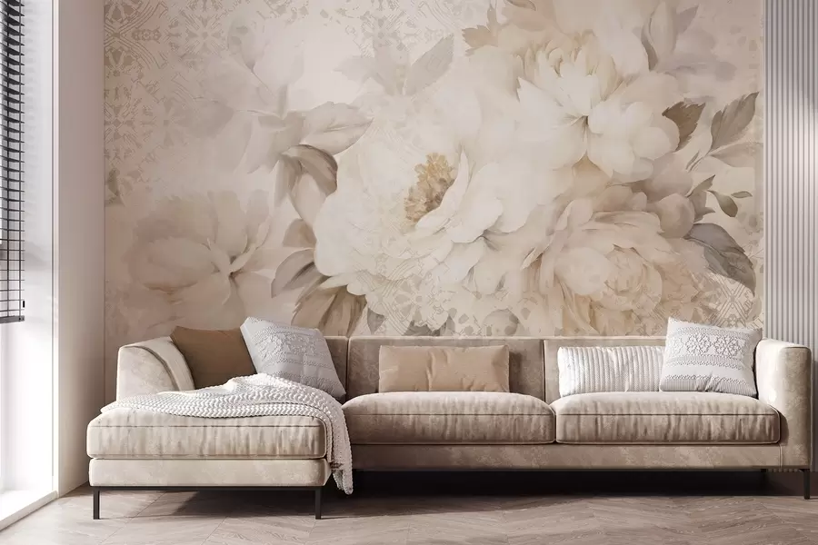 murales de pared Un arreglo floral de peonías blancas con hojas beige, sobre un fondo decorativo con textura vintage w09345