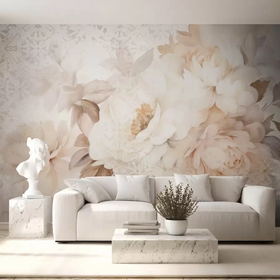 murales de pared Un arreglo floral de peonías blancas con hojas beige, sobre un fondo decorativo con textura vintage w09345