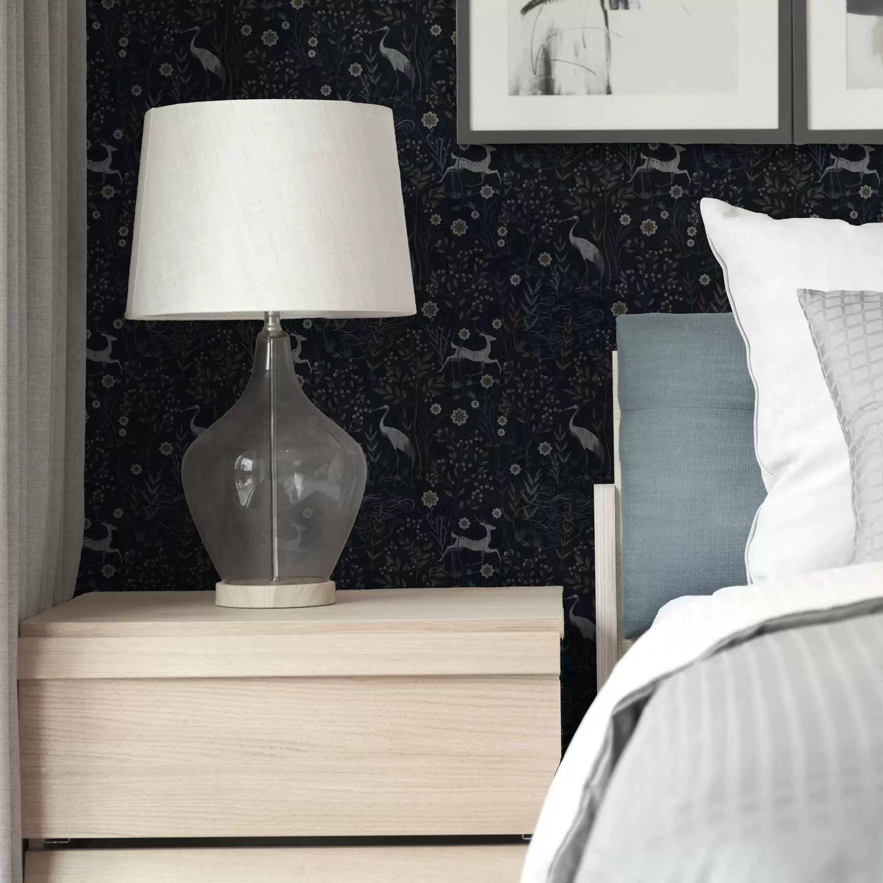 murales de pared Fondo oscuro con pájaros y ciervos blancos a00363