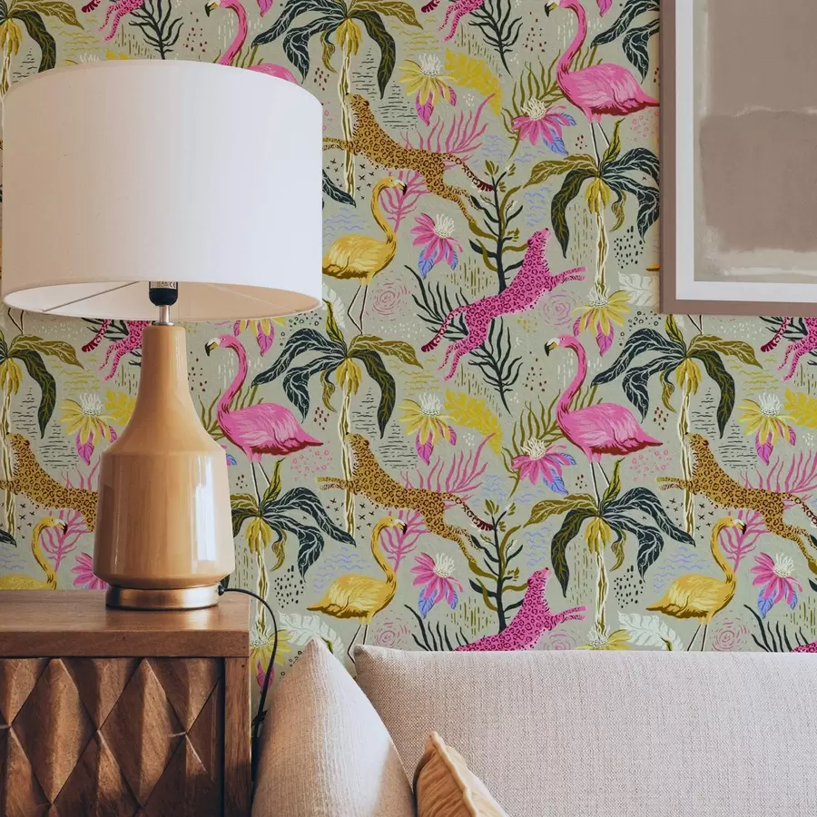 murales de pared Flamencos y leopardos brillantes entre plantas tropicales a00470