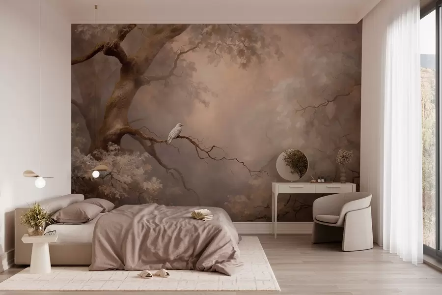 murales de pared bosque místico con un pájaro blanco w04314