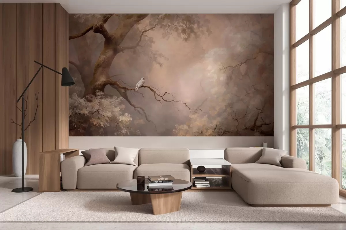 murales de pared bosque místico con un pájaro blanco w04314