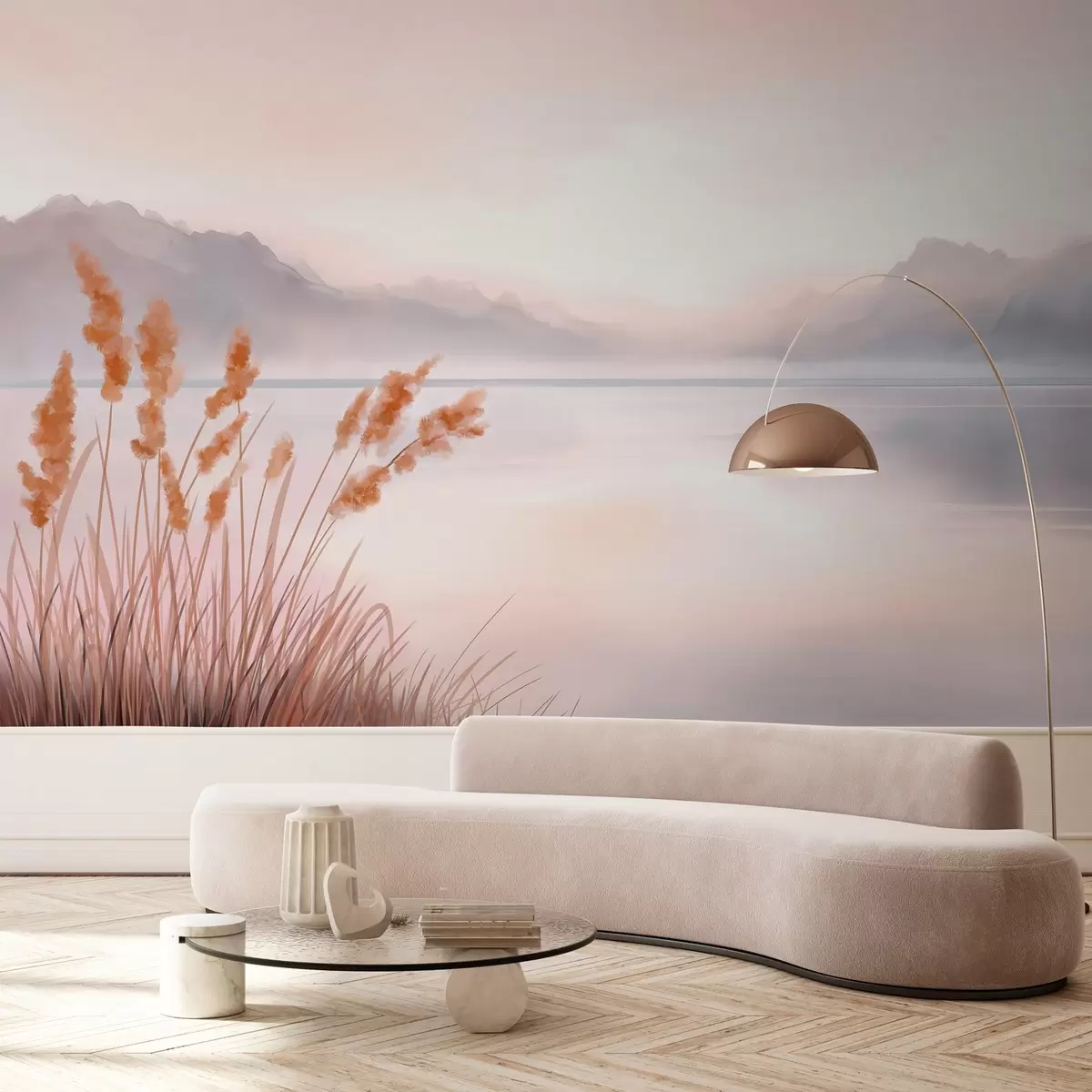 murales de pared un pintoresco lago con juncos y montañas w04315