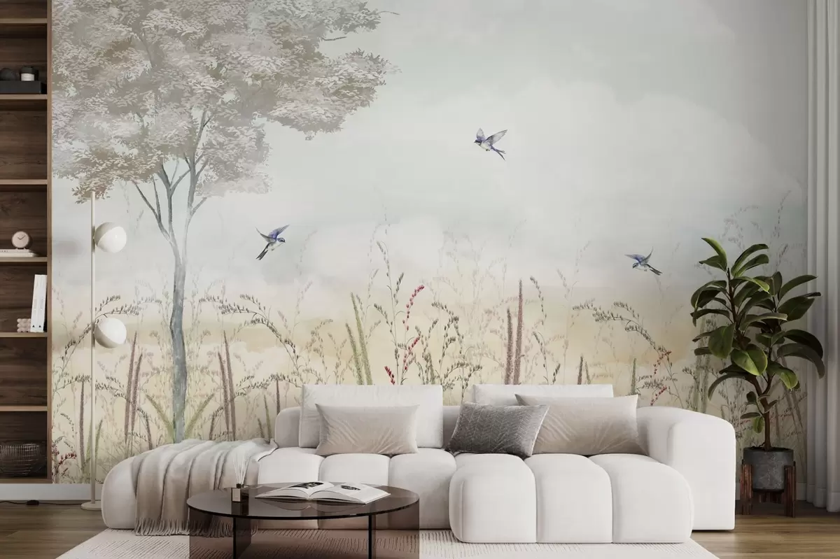 murales de pared Paisaje con árboles, pájaros y hierbas de prado w04350