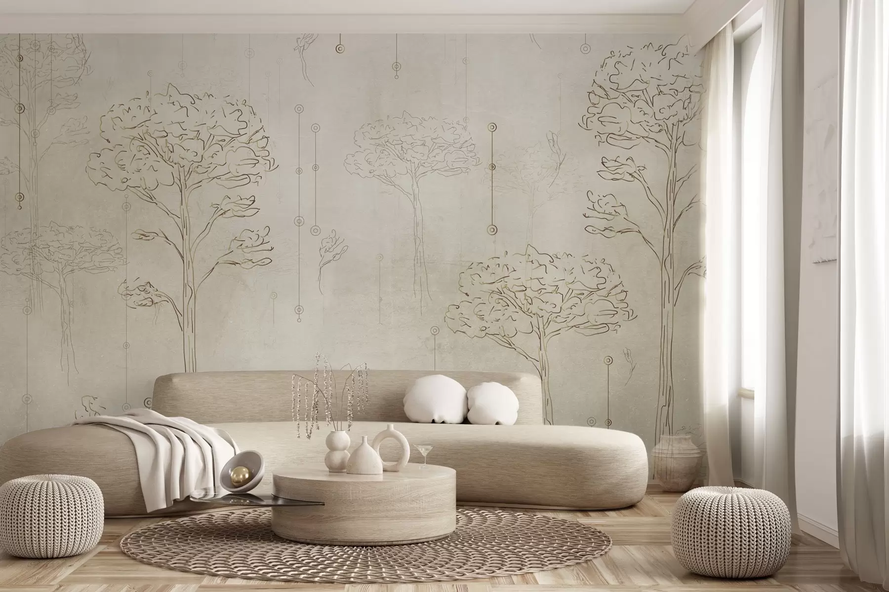 murales de pared Siluetas lineales de árboles en estilo minimalista w04403