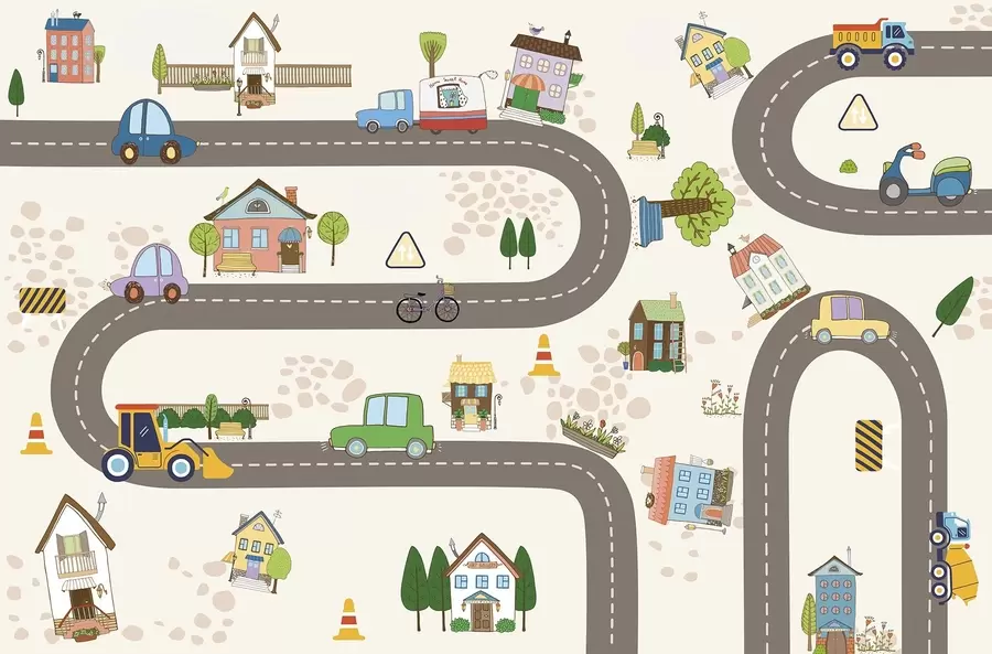 murales de pared Carretera infantil con coches y casas de colores w04404