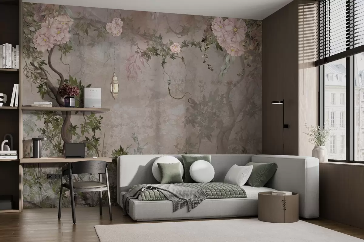 murales de pared Jardín de hadas con flores, árboles y farolillo w04416