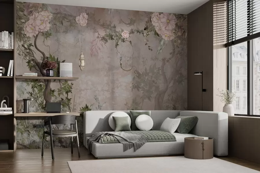 murales de pared Jardín de hadas con flores, árboles y farolillo w04416