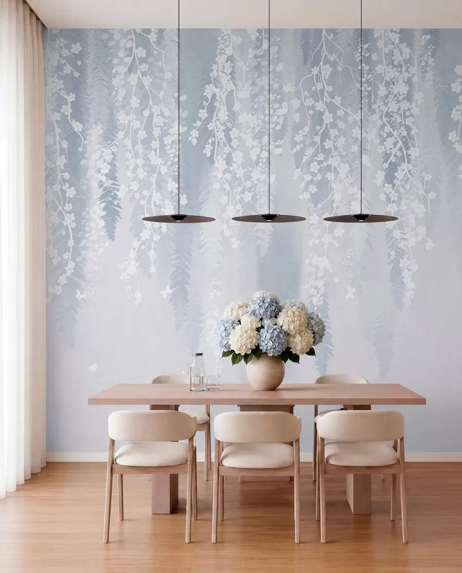 murales de pared Fresca versión azul de ramas con flores blancas w04417v2