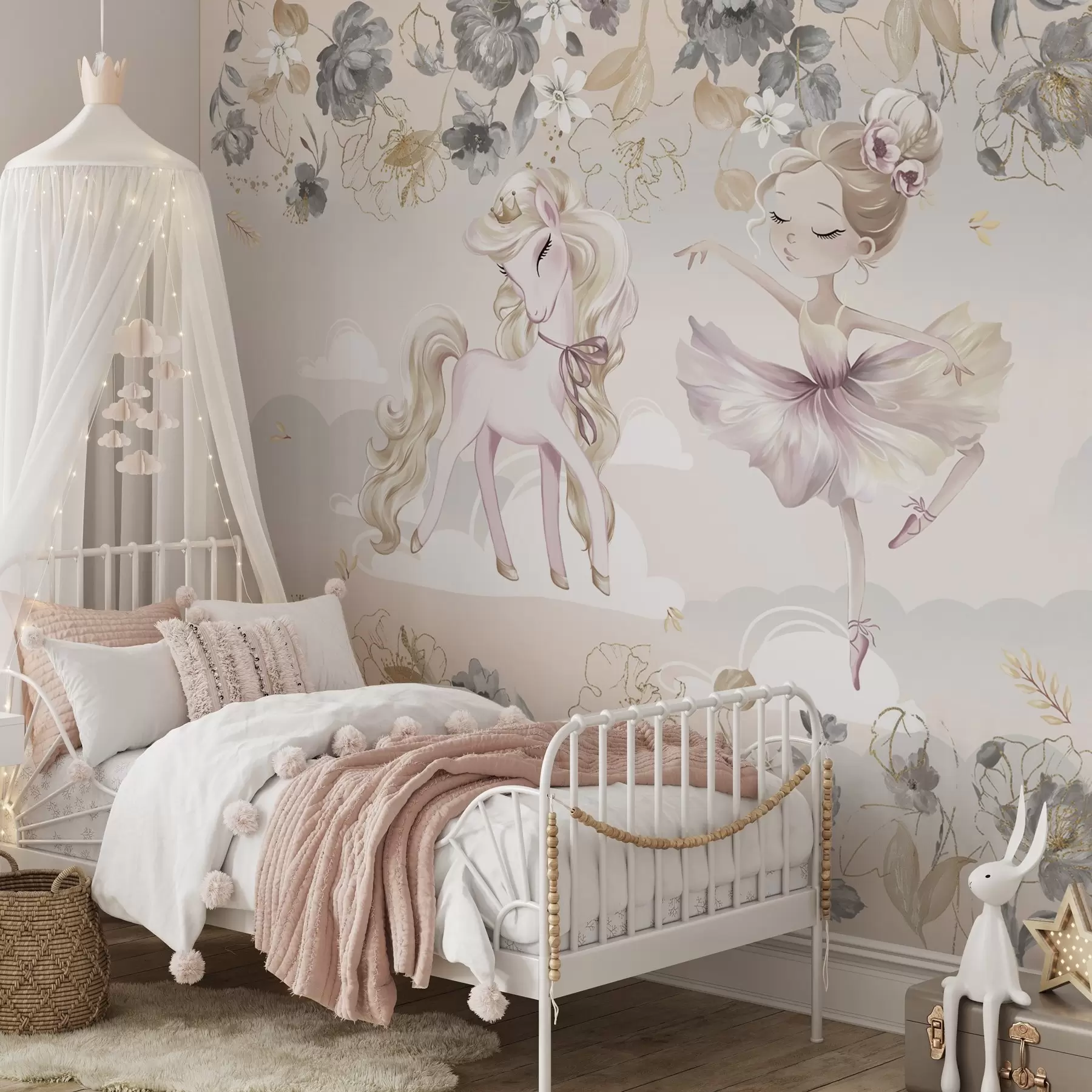murales de pared Poni blanco como la nieve y bailarina entre flores y nubes w04419