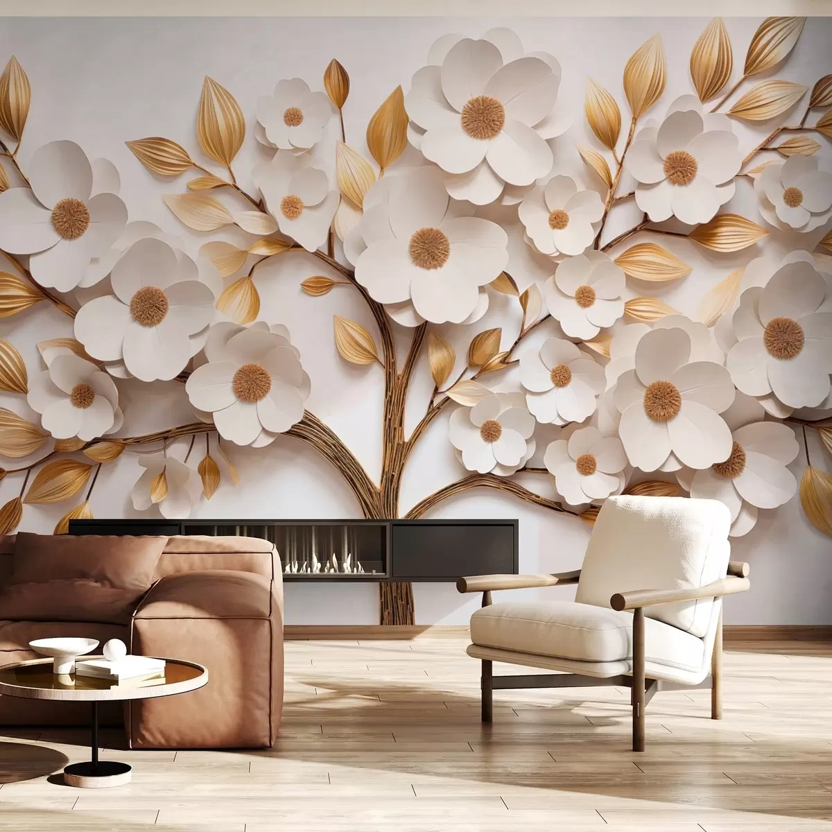 murales de pared Árbol con flores blancas e imitación de hojas en relieve w09348