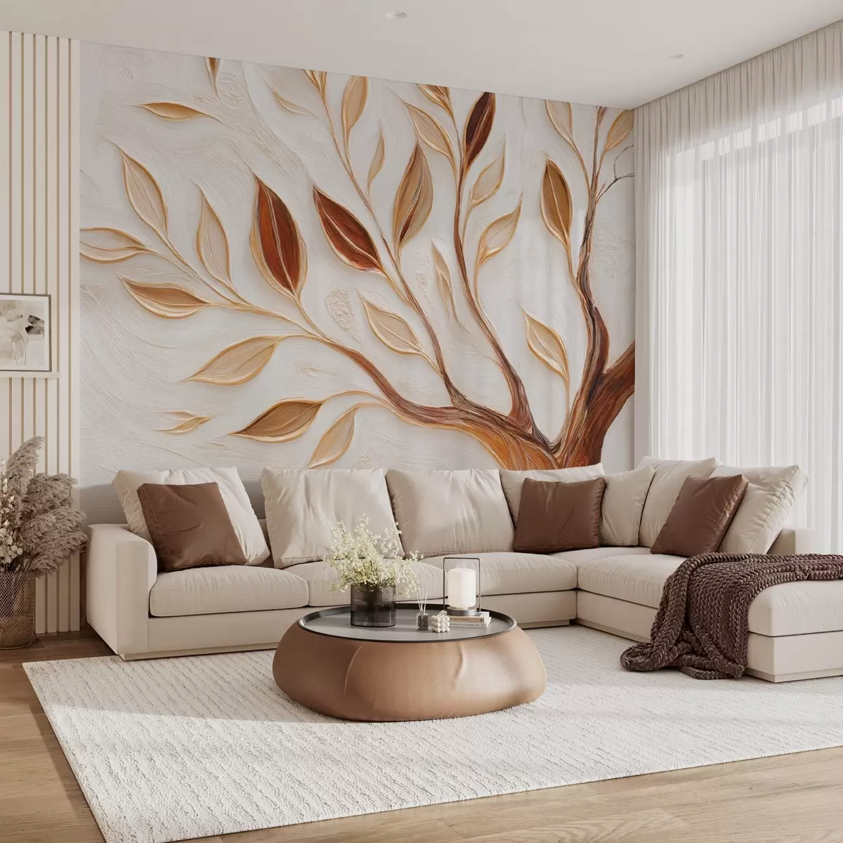 murales de pared Árbol decorativo con hojas e imitación de fondo texturado w09349