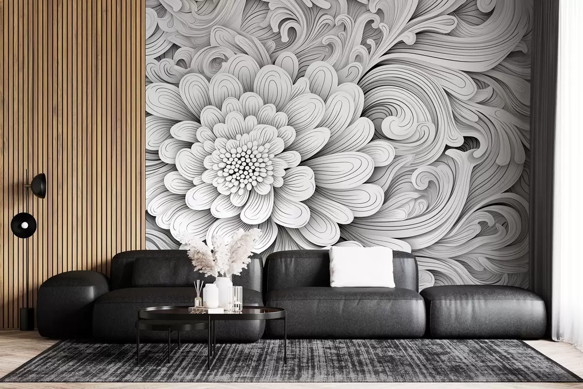 murales de pared Motivo decorativo en blanco y negro en forma de flor y remolinos w09355