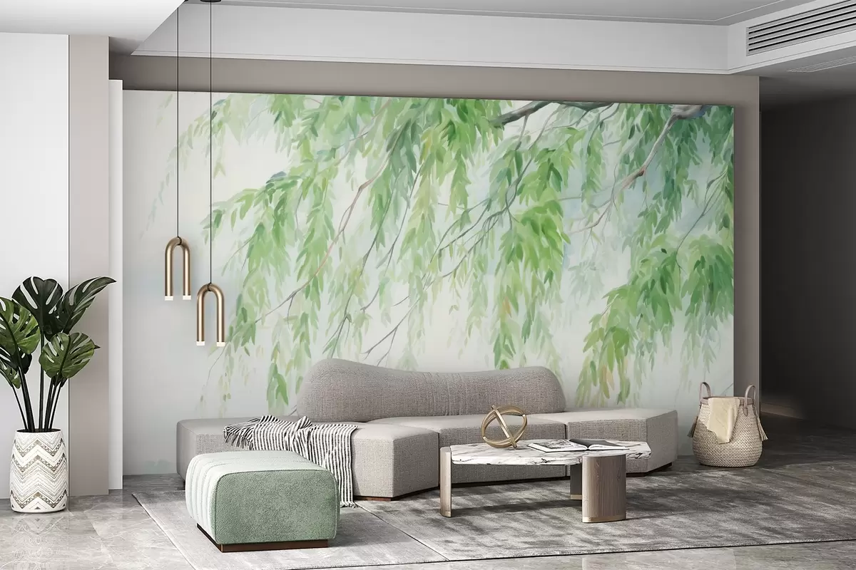 murales de pared Ramas de sauce llorón con hojas verdes colgando, pinceladas suaves y delicadas, estilo de pintura acuarela w09365