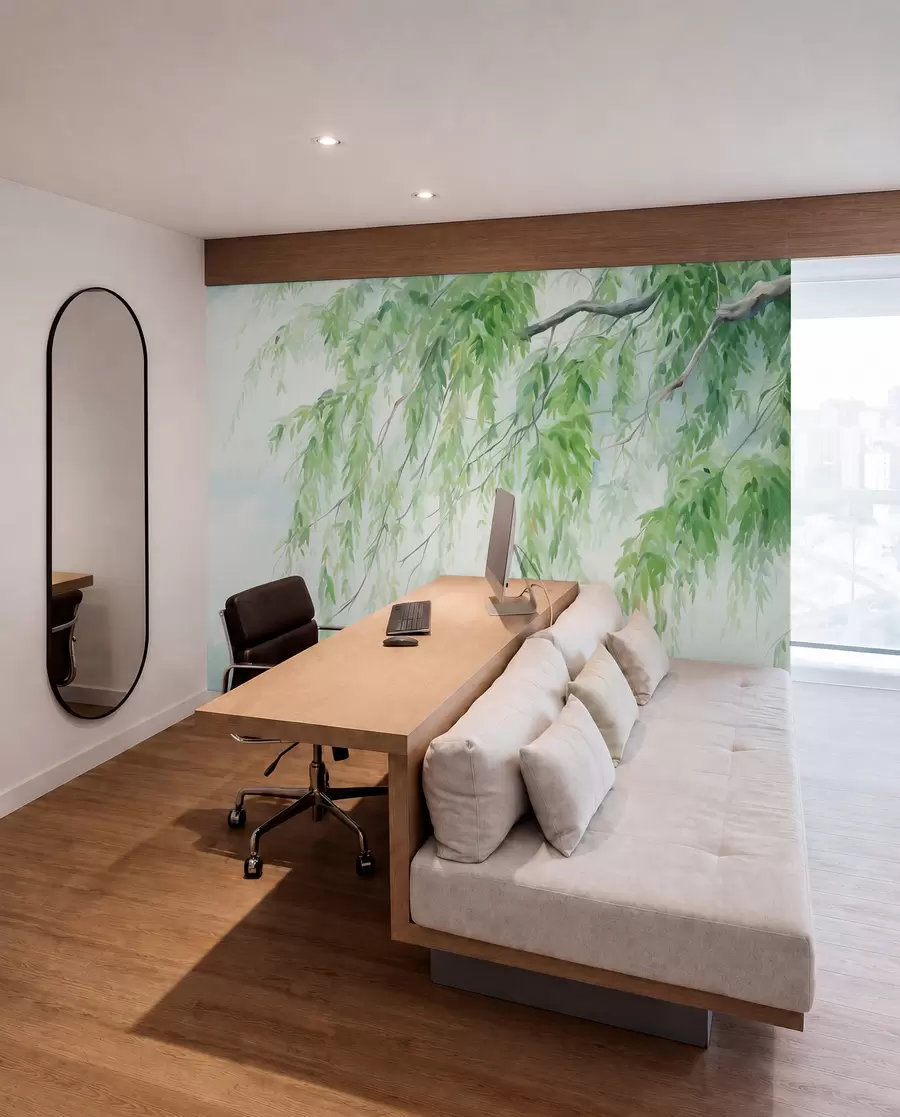 murales de pared Ramas de sauce llorón con hojas verdes colgando, pinceladas suaves y delicadas, estilo de pintura acuarela w09365