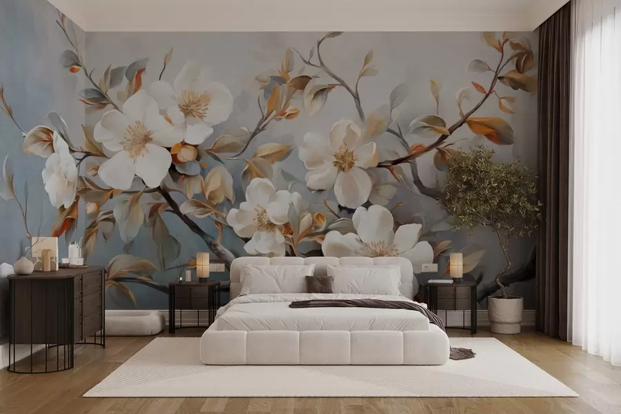 murales de pared Flores blancas con pistilos amarillos en una rama de árbol con hojas, fondo claro, estilo de pintura vintage, impresión texturizada w09368