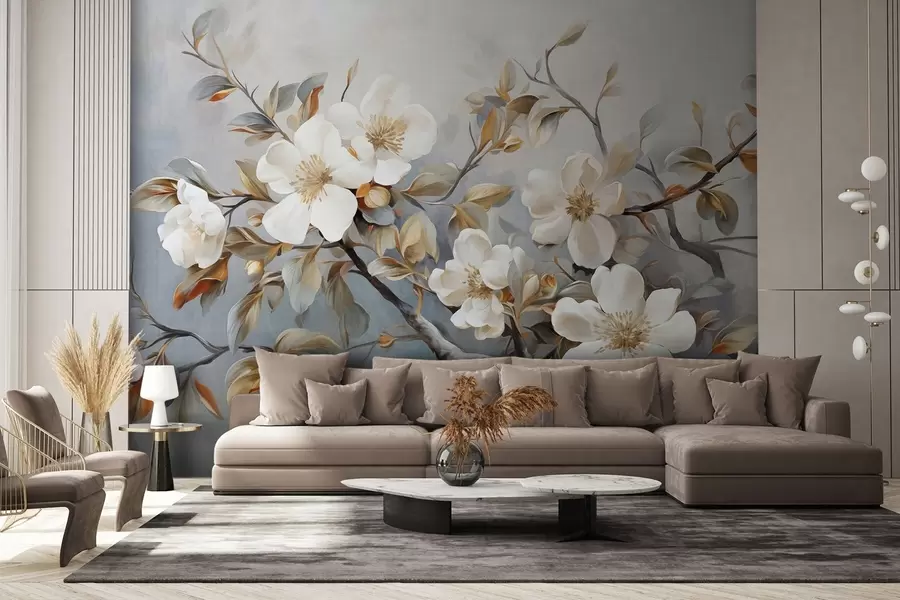 murales de pared Flores blancas con pistilos amarillos en una rama de árbol con hojas, fondo claro, estilo de pintura vintage, impresión texturizada w09368