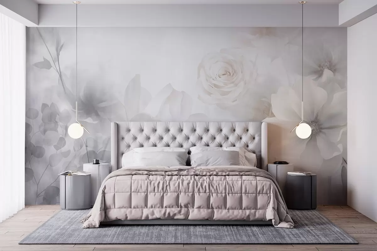 murales de pared Delicado arreglo floral abstracto con rosas y magnolias rosa pastel, enfoque suave, fondo gris claro w09371