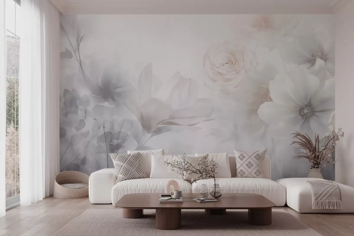 murales de pared Delicado arreglo floral abstracto con rosas y magnolias rosa pastel, enfoque suave, fondo gris claro w09371