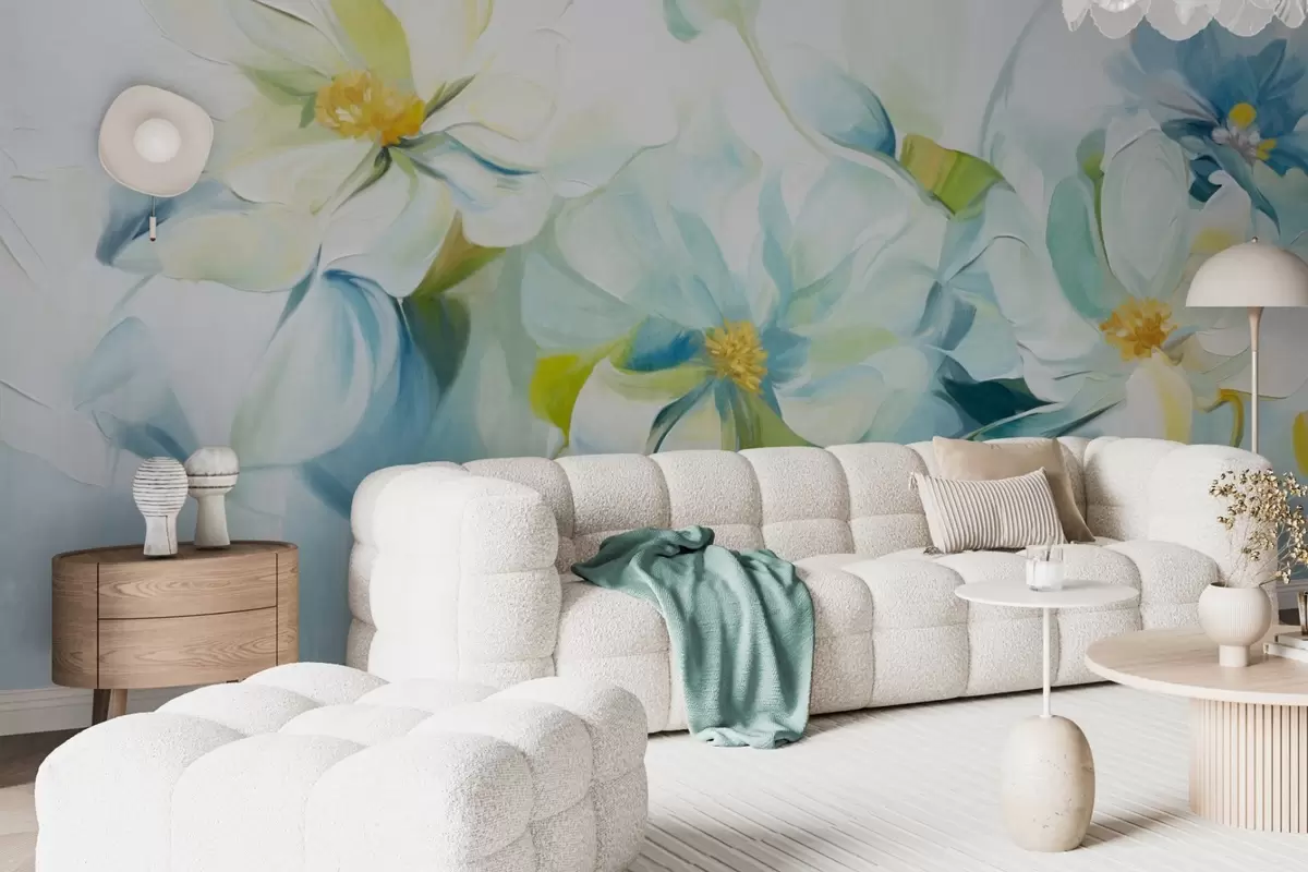 murales de pared Flores abstractas blancas y azules con pistilos amarillos y hojas verdes, en un fondo blanco, estilo de pintura texturizada w09372