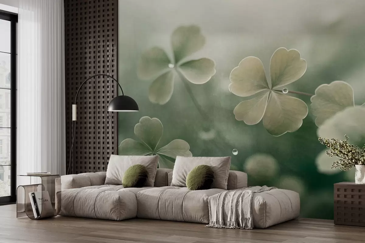 murales de pared Tréboles de cuatro hojas con gotas de agua, color verde claro, enfoque suave, fondo borroso, impresión con textura w09376