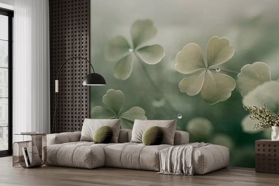 murales de pared Tréboles de cuatro hojas con gotas de agua, color verde claro, enfoque suave, fondo borroso, impresión con textura w09376