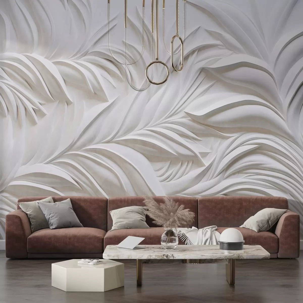 murales de pared Textura abstracta de hojas blancas y elementos florales, estética minimalista w09378