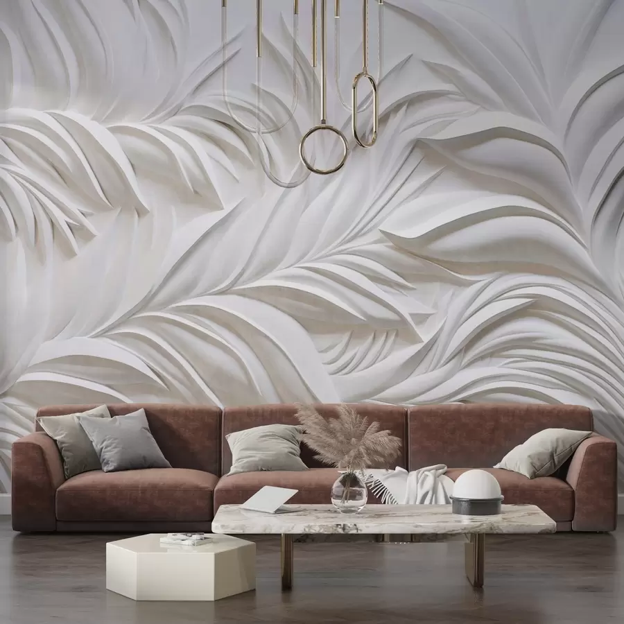 murales de pared Textura abstracta de hojas blancas y elementos florales, estética minimalista w09378
