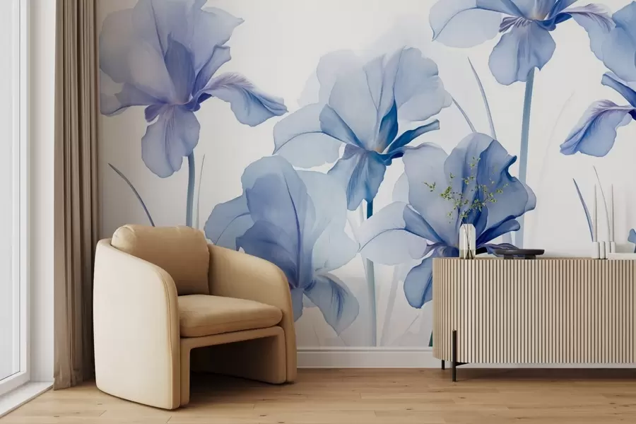 murales de pared Flores de iris azules con pétalos translúcidos y tallos largos, dispuestas en fila sobre un fondo azul, suave y texturizado w09379
