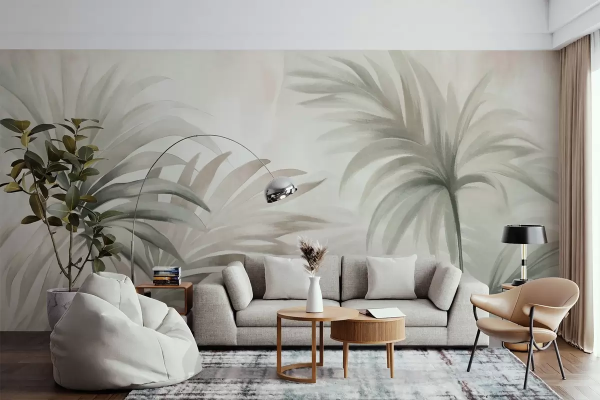 murales de pared Hojas de palmera texturizadas en colores neutros, fondo abstracto beige, pinceladas suaves, follaje tropical texturizado w09380