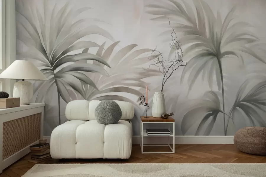 murales de pared Hojas de palmera texturizadas en colores neutros, fondo abstracto beige, pinceladas suaves, follaje tropical texturizado w09380