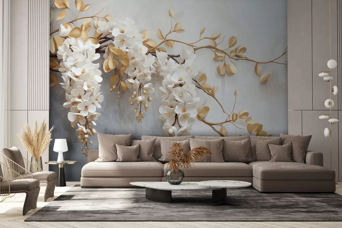murales de pared Flores blancas de glicinia con hojas amarillas sobre una rama, cayendo en cascada sobre un fondo blanco texturado, pétalos delicados w09381