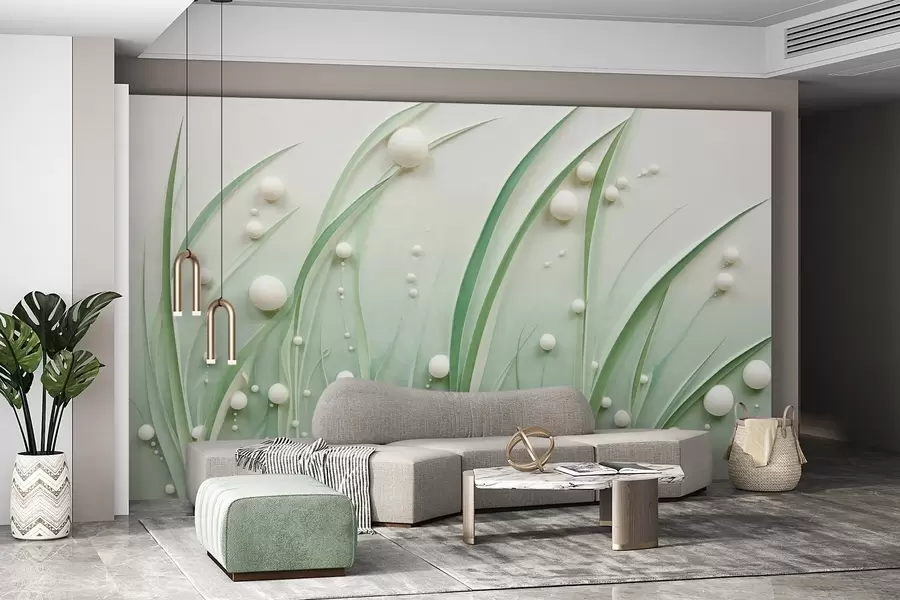 murales de pared Hierba verde abstracta con esferas blancas, fondo verde claro, texturizado, líneas limpias, estilo minimalista w09382
