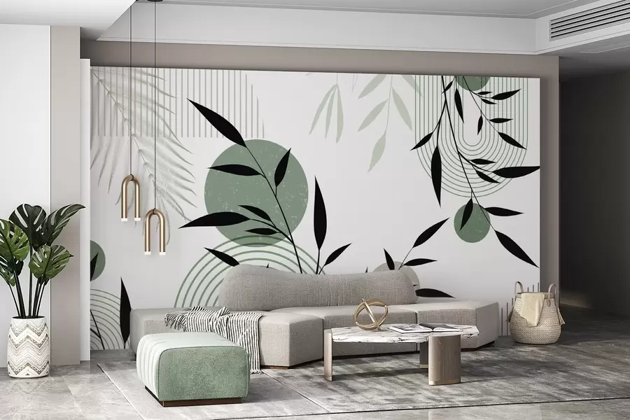 murales de pared Estampado abstracto texturizado con formas geométricas, círculos y arcos y plantas negras y verdes sobre fondo blanco w09384