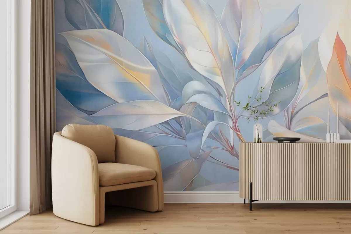 murales de pared Hojas de magnolia con tonos blancos y azules, iluminación suave, composición elegante, venas de las hojas detalladas, pinceladas artísticas w09385