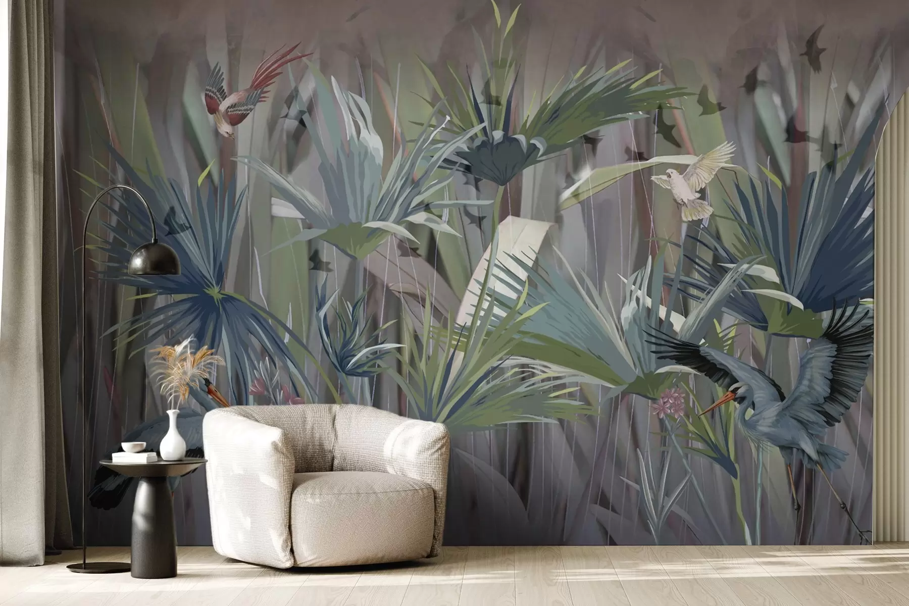 murales de pared Pájaros exóticos entre palmeras y flores w04458