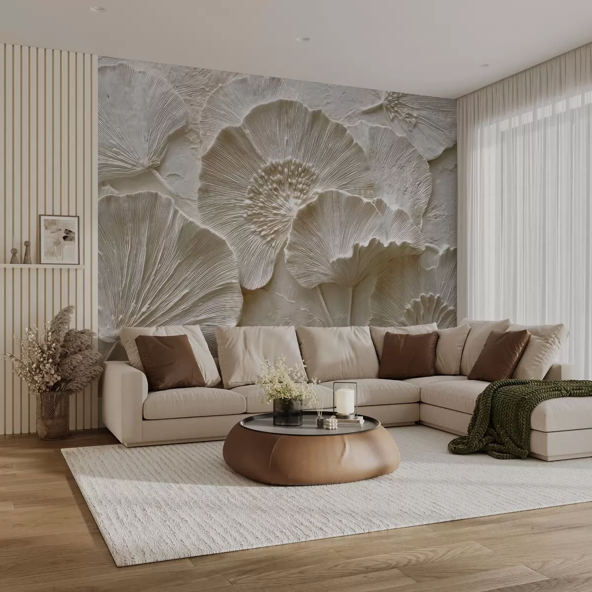 murales de pared Voluminosas hojas de ginkgo en ligero relieve w04444