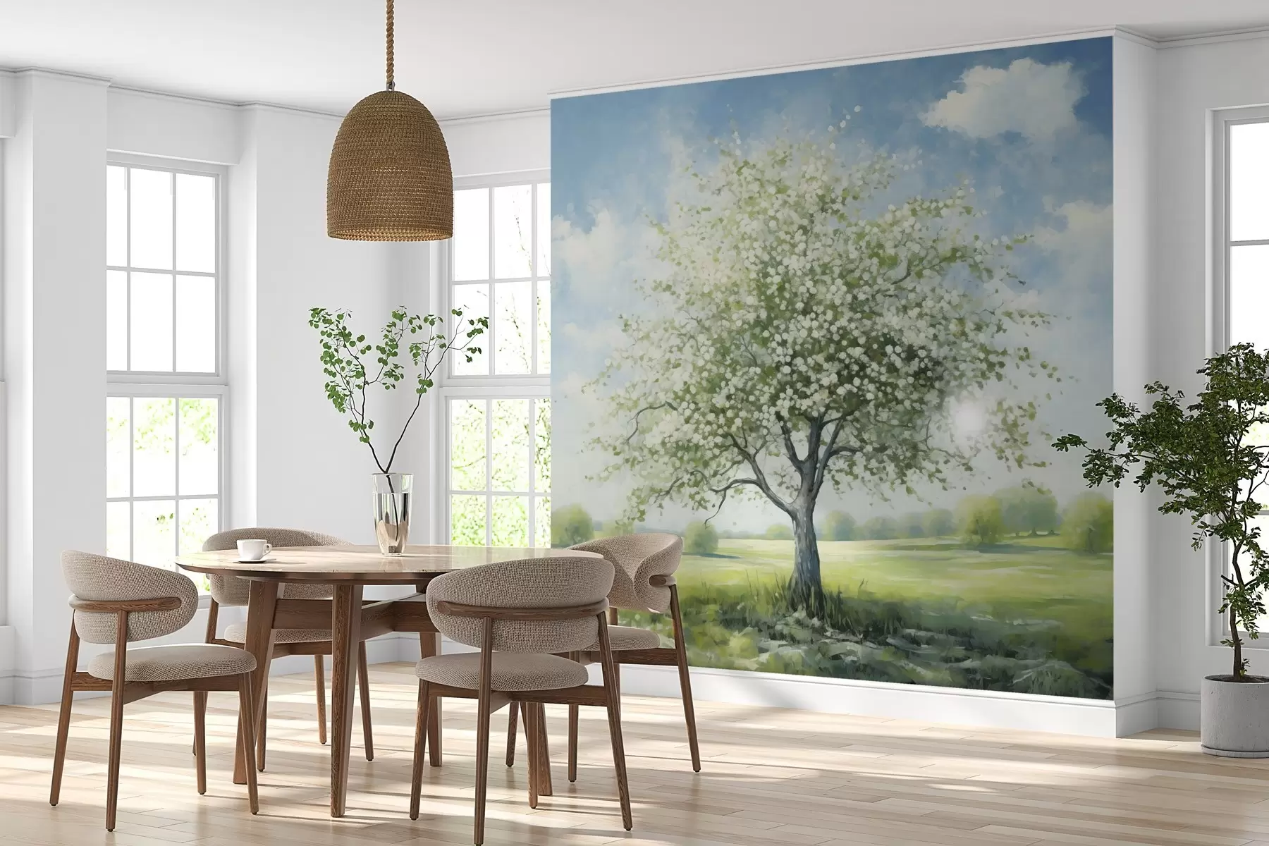 murales de pared Un árbol solitario en un campo con flores blancas w04445