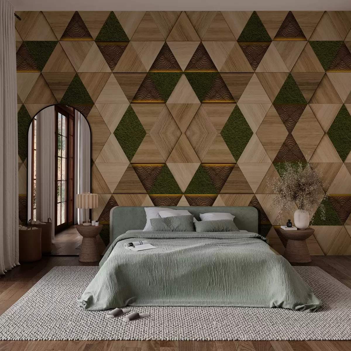 murales de pared Adorno geométrico de madera con musgo w04459