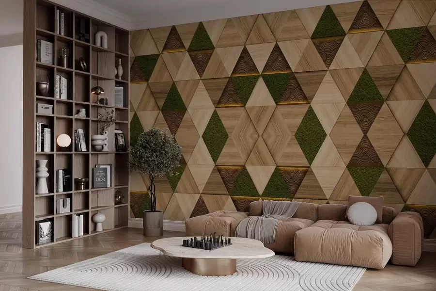 murales de pared Adorno geométrico de madera con musgo w04459