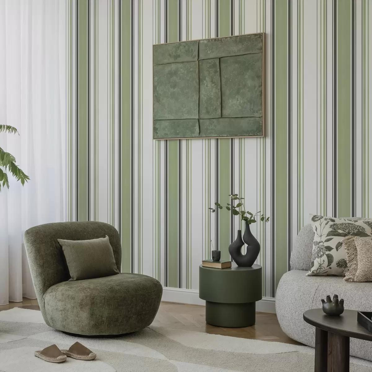 Papel pintado Fondo blanco con una mezcla de rayas verdes y negras a00520