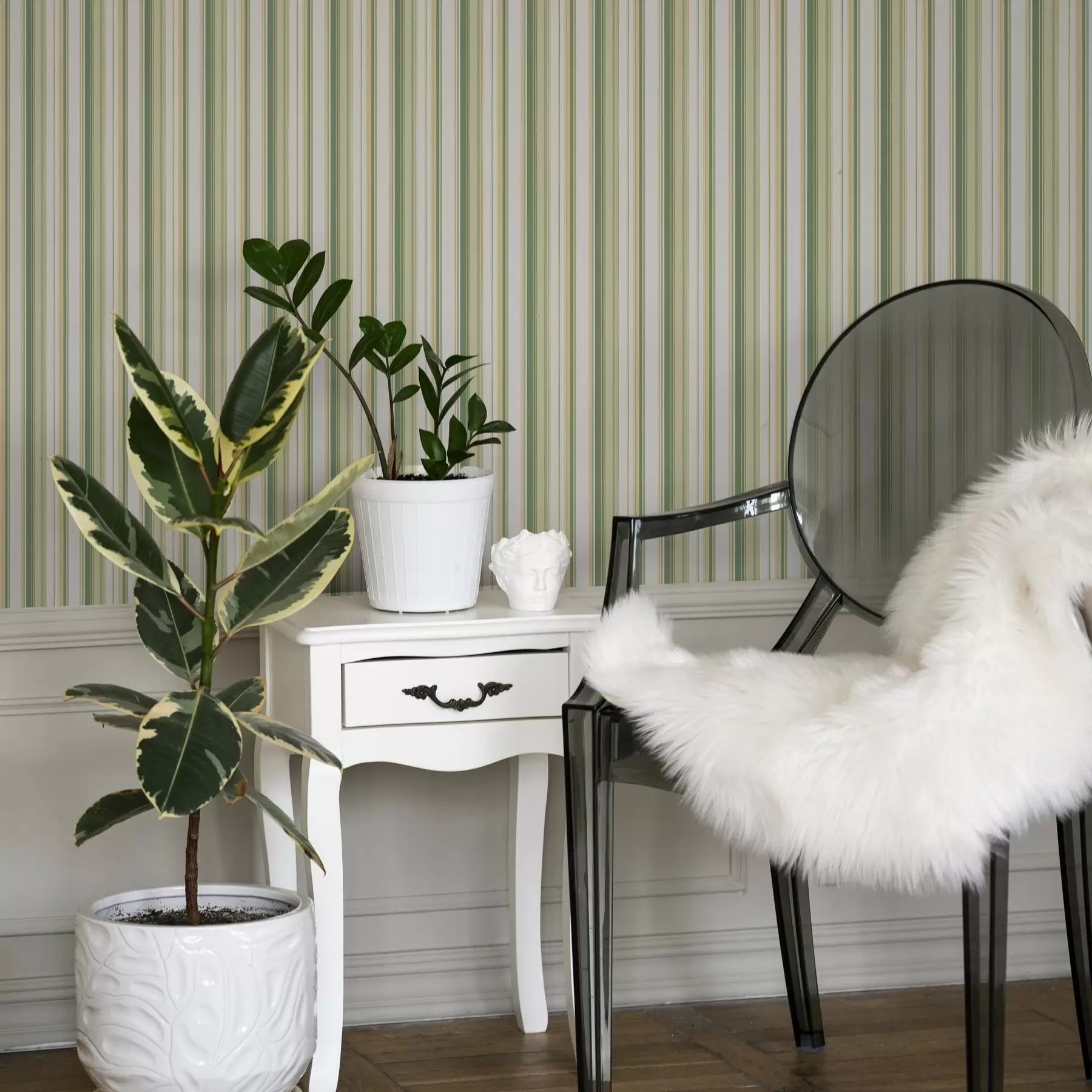 murales de pared Rayas verdes y beige con acentos amarillos a00531