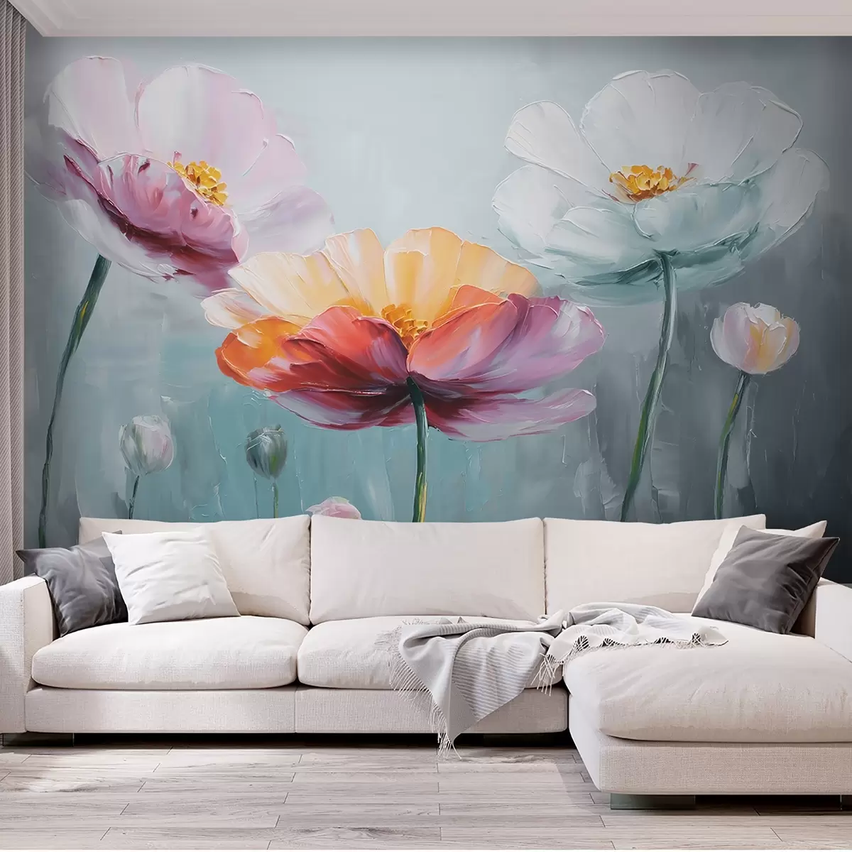 Murales de pared Flores brillantes en técnica de pintura al óleo sobre fondo azul w09310 murales de pared Flores brillantes en técnica de pintura al óleo sobre fondo azul w09310