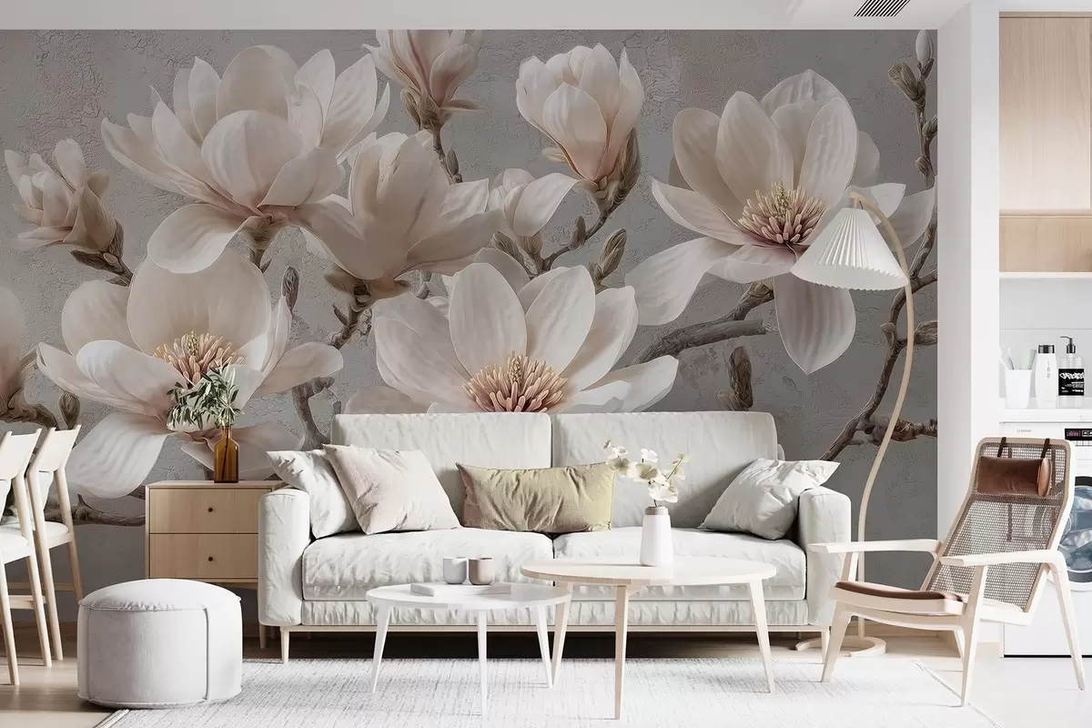 Murales de pared Ramas de magnolia con grandes flores claras en tonos apagados w09305 murales de pared Ramas de magnolia con grandes flores claras en tonos apagados w09305
